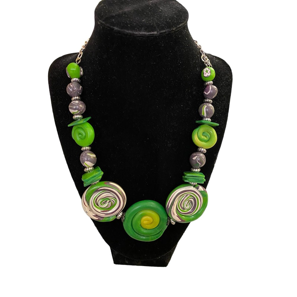 Handmade Polymer Clay Necklace, Lollipop Swirl, Green, White, Purple, 20”, New